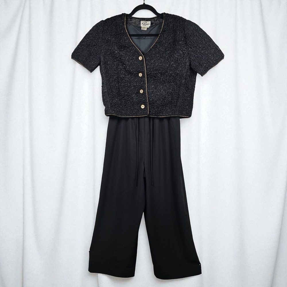 Vintage Reggio Black Textured Short Sleeve Jumpsuit Evening Party Woman Size‎ 10